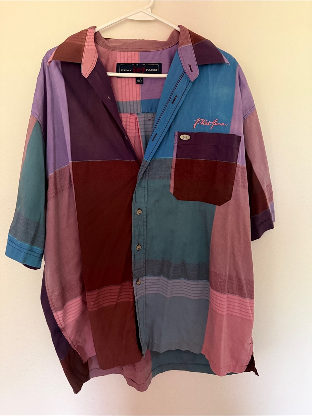 Phat Farm Multicolor Patchwork Button-Down Shirt - Purple, Teal, Maroon, Pink
